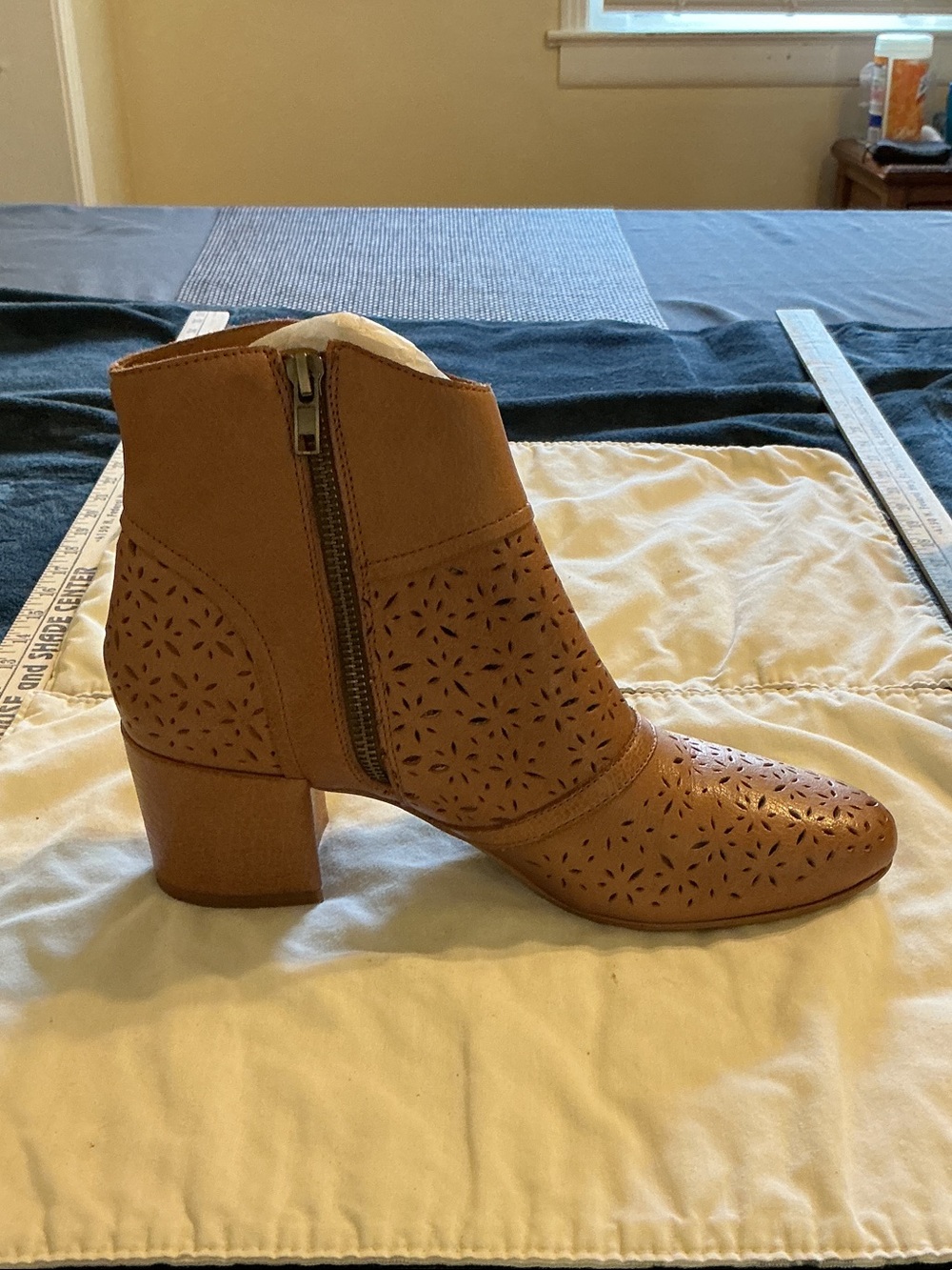 Tan Perforated Block Heel Ankle Booties with Side Zip